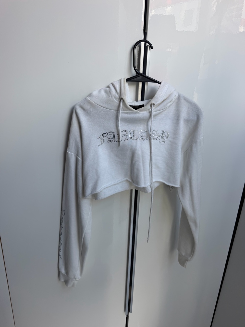 Forever 21 White Cropped Hoodie Sweater with Rhinestone Script